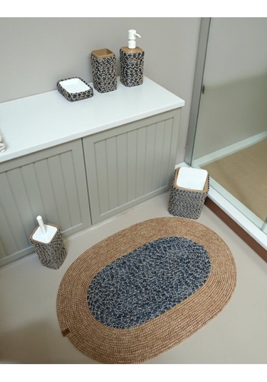 Doğal Dokulu Hasır Görünümlü 6 Parça Banyo Takımı Zarif Ve Modern Mavi