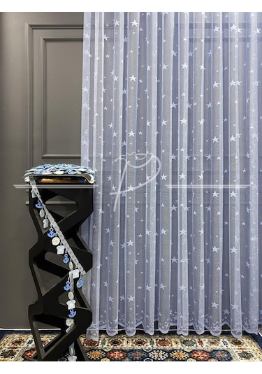 Tül Perde Çocuk Odası Irili Ufaklı Yıldız Desen Örme Kumaş Ekru
