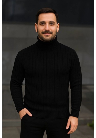 Erkek Fitilli Triko Kazak 2'li Set Bordo Siyah Regular Balıkcı Yaka Tam Boğazlı Triko Seti Modeli Ka Bordo Siyah