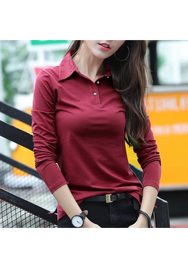 Düğme T Gömlek Kadın Sonbahar Üstleri Dönüş Yaka Ince Pamuklu Tişört Kadın Uzun Kollu Kadın Giysileri Tee Gömlek Femme Kırmızı