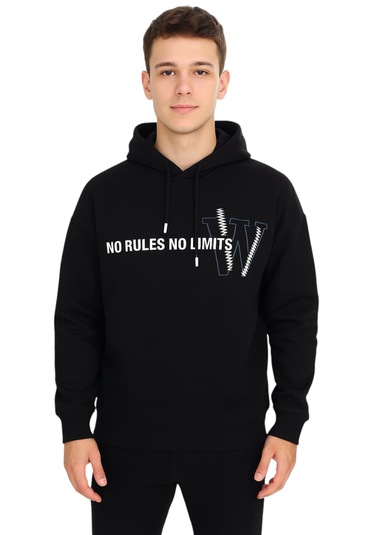 Erkek Çocuk Önü Arkası No Rules Yazılı Kapüşonlu Siyah Renk Sweatshirt Siyah