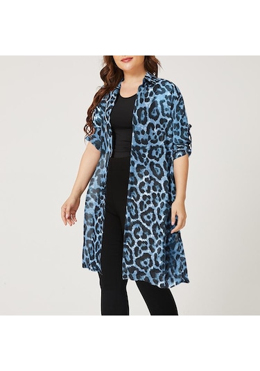 Kadın Yaz Casual Uzun Kollu Leopar Baskılı Şifon Gömlek Açık Mavi