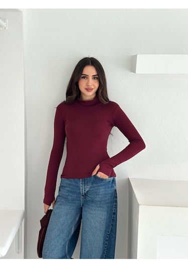Kadın Yarım Balıkçı Yaka Parmak Geçmeli Full Likralı Buzz Body Bordo