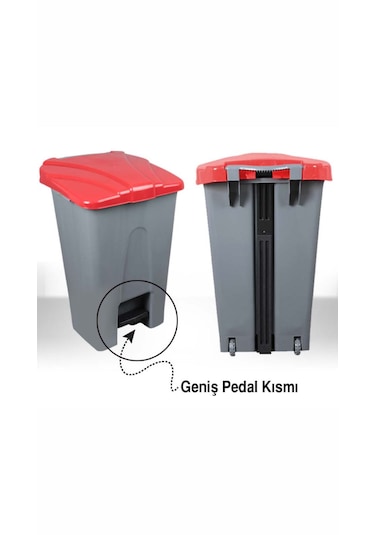 Pedallı Çöp Kovası 70 Lt Tekerlekli Kırmızı Kapak Gri Gövde Gri - Kırmızı