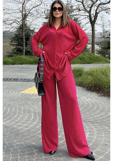 Kadın Fuşya Uzun Tunik Gömlek & Beli Lastikli, Bol Paça Pantolon - Salaş Bürümcük Takım Fuşya