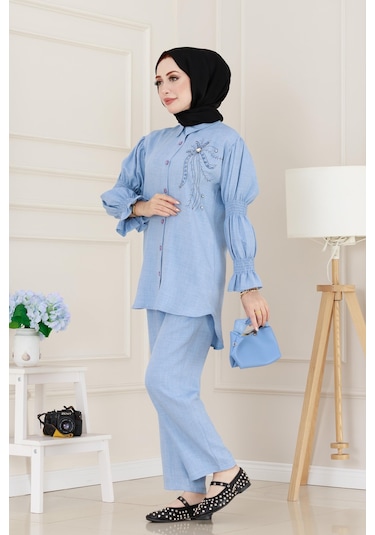 Önü Taşlı Kolu Lastikli İkili Takım-bebe Mavi-5099 Bebe Mavi