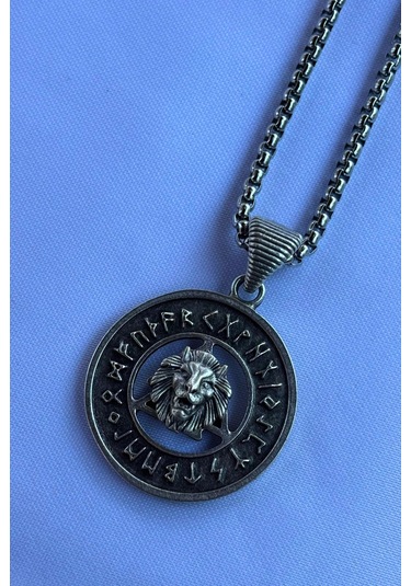 Aslanlı Viking Run El İşçiliği Paslanmaz Çelik Zincir Erkek Kolye Gümüş