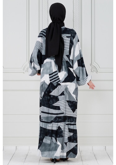 Yarasa Kol Cam Kırığı Viskon Elbise-gri-3805 - Gri