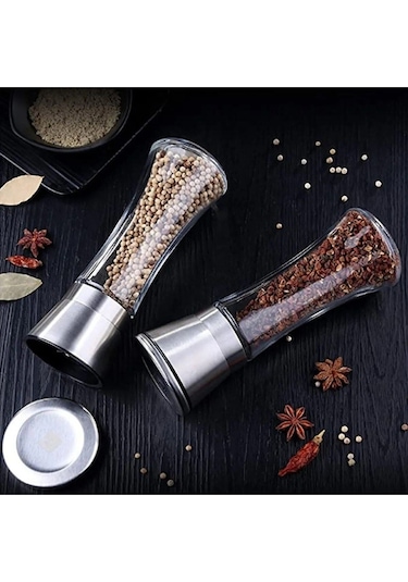 Qerhome Cam Gövdeli Paslanmaz Çelik Kapaklı Tuz Karabiber Değirmeni Tuz Karabiber Öğütücü 19 Cm 2 Adet Şeffaf