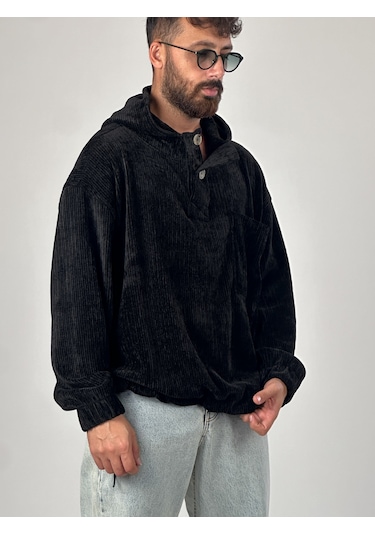 Kadife Dokulu Siyah Oversize Kapüşonlu Erkek Sweatshirt Coc1038 Siyah