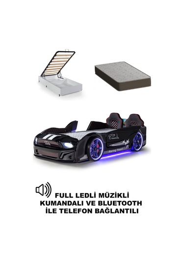 Bazalı Arabalı Yatak Siyah Kapıları Açılan Mustang Full Ledli Kumandalı Ve Müzikli + Ortopedik Yatak 90x190 Cm