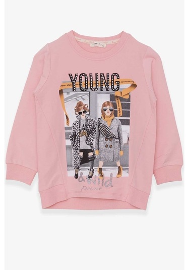 Kız Çocuk Sweatshirt Dostluk Temalı Pudra (6-12 Yaş)