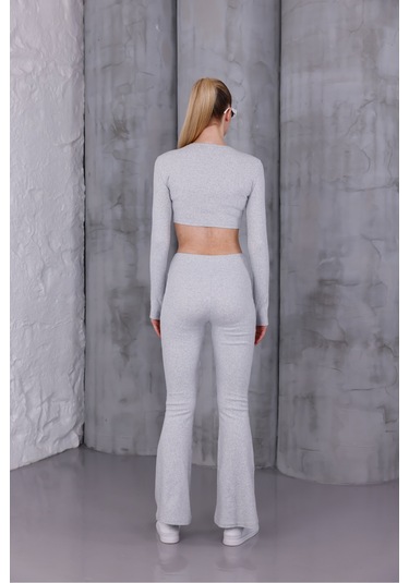 Kadın İspanyol Paça Pantolon Uzun Kollu Parmak Geçirmeli Crop Takım Gri