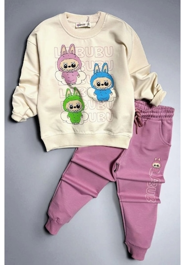 Labubu Desenli Kız Çocuk Pembe Renk Eşofman Takım 2 Li Set Pembe