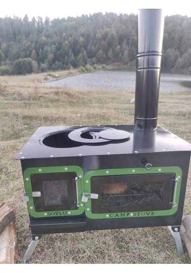 Yeşil Çadır Sobası Kuzineli Fırınlı Taşınabilir Kamp Sobası Yeşil