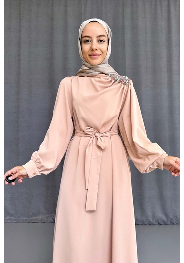 Omzu Taşlı Abiye - Bej