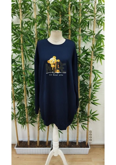 Kadın Uzun Kollu Bisiklet Yaka Ayı Desenli Viskon Iki Iplik Elbise Lacivert