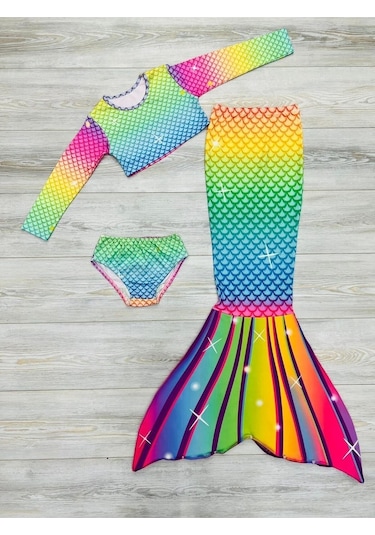 Işıltılı Deniz Kızı Kostümü 3'lü Set Kız Çocuk Kostüm Çok Renkli