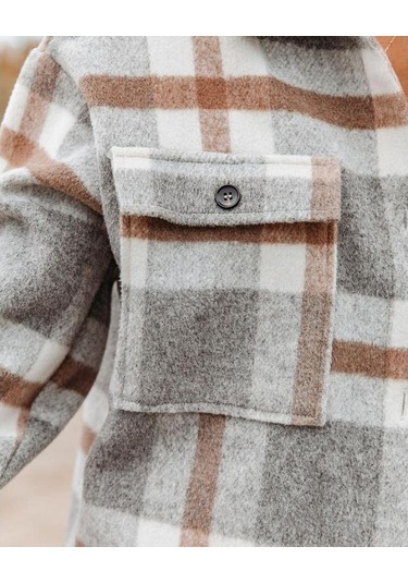 Sones Yaka Uzun Kollu Flanel Kareli Gömlek Bol Günlük Hırka Ceket Bayanlar İçin Açık Gri