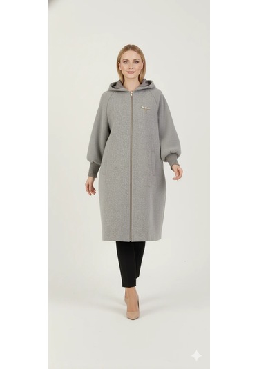 Kadın Gri Kapüşonlu Balon Kol Fermuarlı Kaban Oversize Midi Boy Kışlık Kaşe Mont Gri