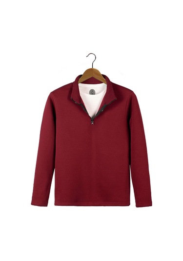 Erkek Bordo Yarım Fermuarlı Basic Düz Sweatshirt Bordo