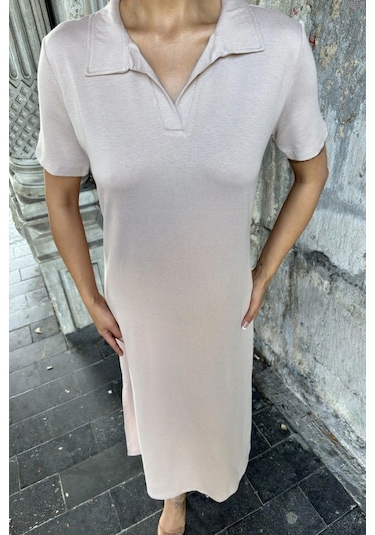 Vizon Polo Yaka, Kısa Kol, Yırtmaçlı, Basic Model, Uzun Salaş Elbise Vizon