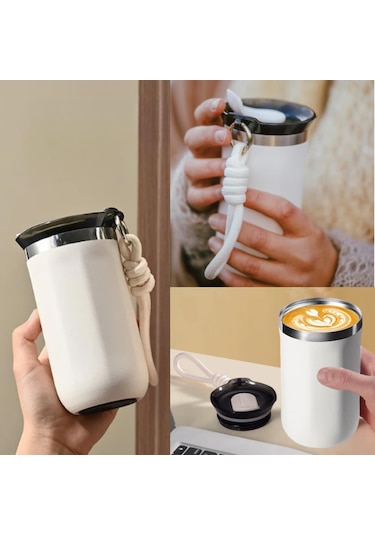 350 Ml Paslanmaz Çelik Bardak Termos, Çift Katmanlı, Sızdırmaz Kapaklı Krem