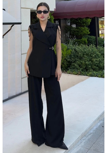 Omuz İşleme Detaylı Asimetrik Abiye Takım 2389-siyah Siyah