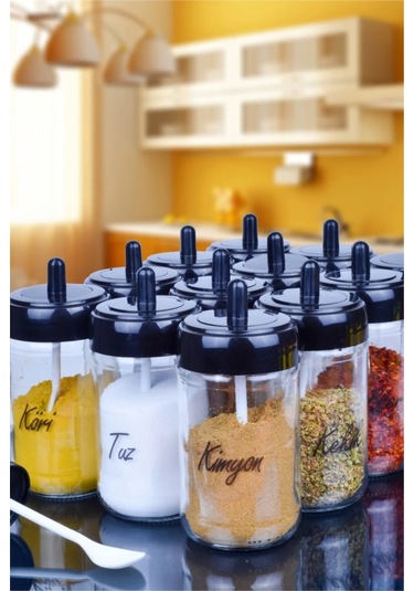 Cam 12 Adet Kapağı Kendinden Kaşıklı Cam Baharatlık Seti Ve 30 Adet Suya Dayanıklı Şeffaf Etiket-30 ŞEffaf