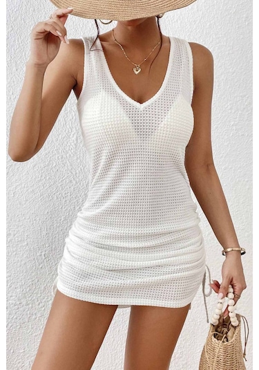 Angelsin Yandan Büzgülü Likralı Plaj Elbisesi Pareo Cover Up Kimono Beyaz