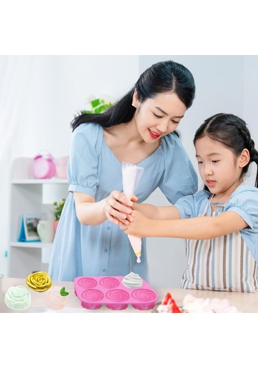 Tenfowee 3'lü Gül Şekilli Silikon Kalıp Seti: Yemek, Buz Küpü, Sabun Ve Mum Yapımı İçin 6-hücreli, Yemek Kalitesi, Kolay Çıkarma Pembe