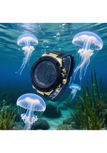 Primepickings Siyah Altın Erkek Spor Dijital Alarmlı Su Geçirmez Lüminesant Kadranlı Genç Saati Diğer