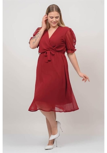 Dip Moda Kadın Astarlı Büyük Beden Şifon Elbise Dpnb8062 Bordo