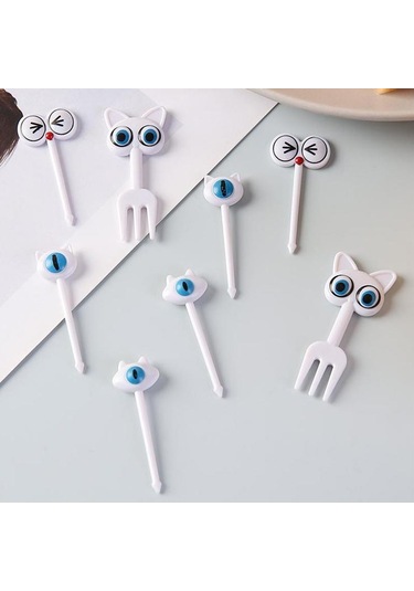 8 Adet Sevimli Kedi Gözü Meyve Çatalı Yaratıcı Hayvan Meyve Çubukları Mini Karikatür Bento Çocuk Dekorasyonu Ev Çok Renkli