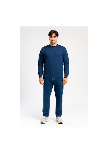 Vatan Tekstil İçi Polarlı Hafif Dar Kalıp Bisiklet Yaka Erkek Basic Sweatshirt Lacivert