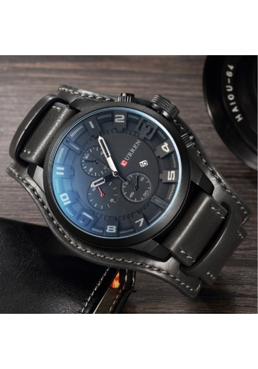 Geeksen Erkekler İçin Büyük Gösterge Ve Takvimli Deri Kordonlu Kuarc Saat - Curren M8225 Siyah-gri Çok Renkli