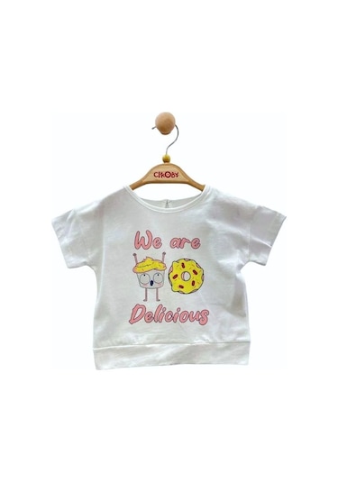 Çikoby Kız Bebek Pamuklu Donat Baskılı T-shirt-13895 Beyaz