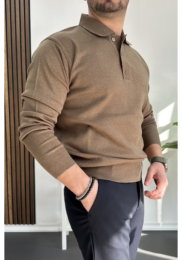 Erkek Düğmeli Polo Yaka Kazak Kahverengi Edw231 Kahverengi