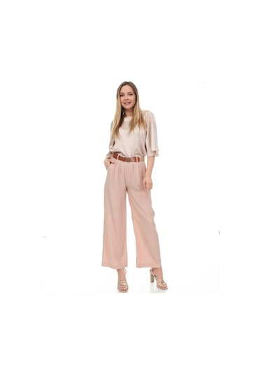 Bluence Beli Kemerli Bol Paça Pembe Pantolon Açık Pembe