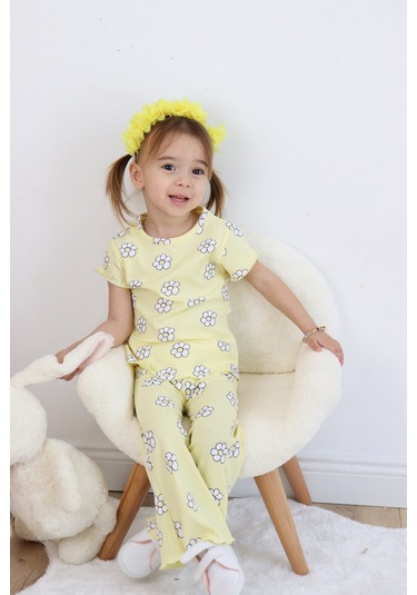 Kız Çocuk Çiçek Baskılı Raporlu Kumaş Basic Alt Üst İkili Takım 001