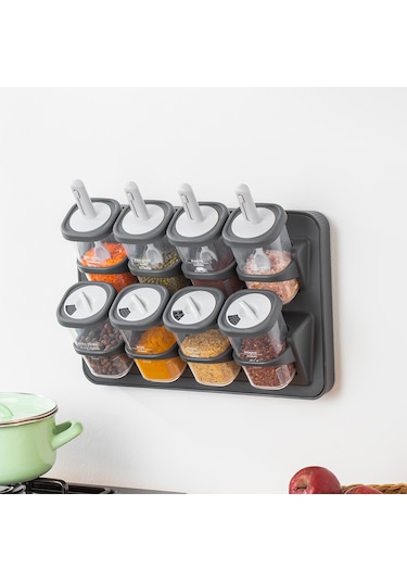 Porsima 1117 Standlı Kaşıklı 360° Döner Kapaklı Baharatlık Seti Antrasit - Gri