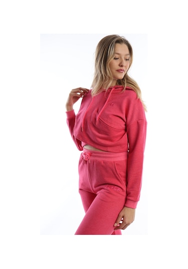 Kadın Kruvaze Detaylı Kapüşonlu Crop Sweat Pembe