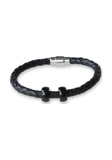Siyah Halka Deri Çelik Bileklik Siyah