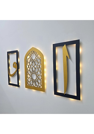 Led Işıklı Elif, Vav, Motif Tablo 3 Lü Tablo Set- Gold