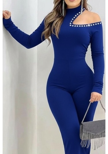 S-pazarım Kadın Tek Omuzdan Açık Balıkçı Yaka Taş Detaylı Uzun Ithal Krep Tulum Saks Mavi