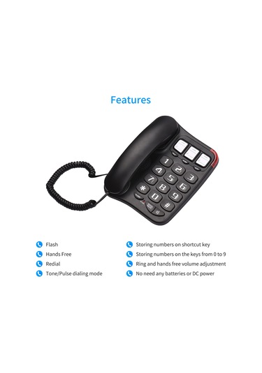 Lemestar Yaşlı Dost Büyük Tuşlu Telefon - Yüksek Sesli, Pilsiz Duvar Takımı Ofis Ev Telefonu Siyah, İngiltere Uygun Değil