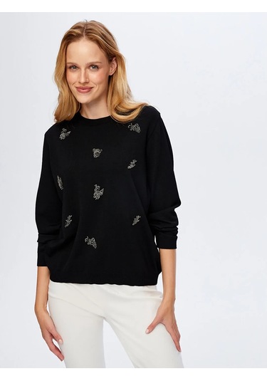 Faik Sönmez Boncuk Nakış Detaylı Uzun Kollu Kadın Triko Bluz W26trb018 Siyah