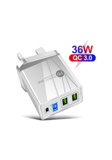 Xiyyadms Beyaz Mini 36w Seyahat Şarj Cihazı, 3 Usb Qc3.0 + Pd Hızlı Şarj, İngiliz Standardı, Taşınabilir Telefon Şarj Aleti