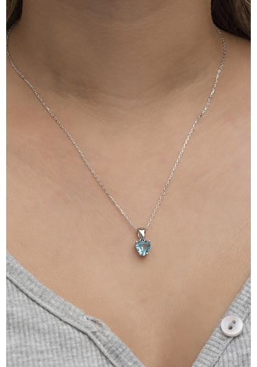 Nereze 925 Ayar Gümüş Rodyumlu Aquamarin Taşlı Kalp Kolye