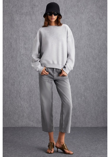 Vaneltına  Kadın Içi Polarlı 3 Iplik Organik Pamuk Oversize Basic Bisiklet Yaka Grimelanj Sweatshirt